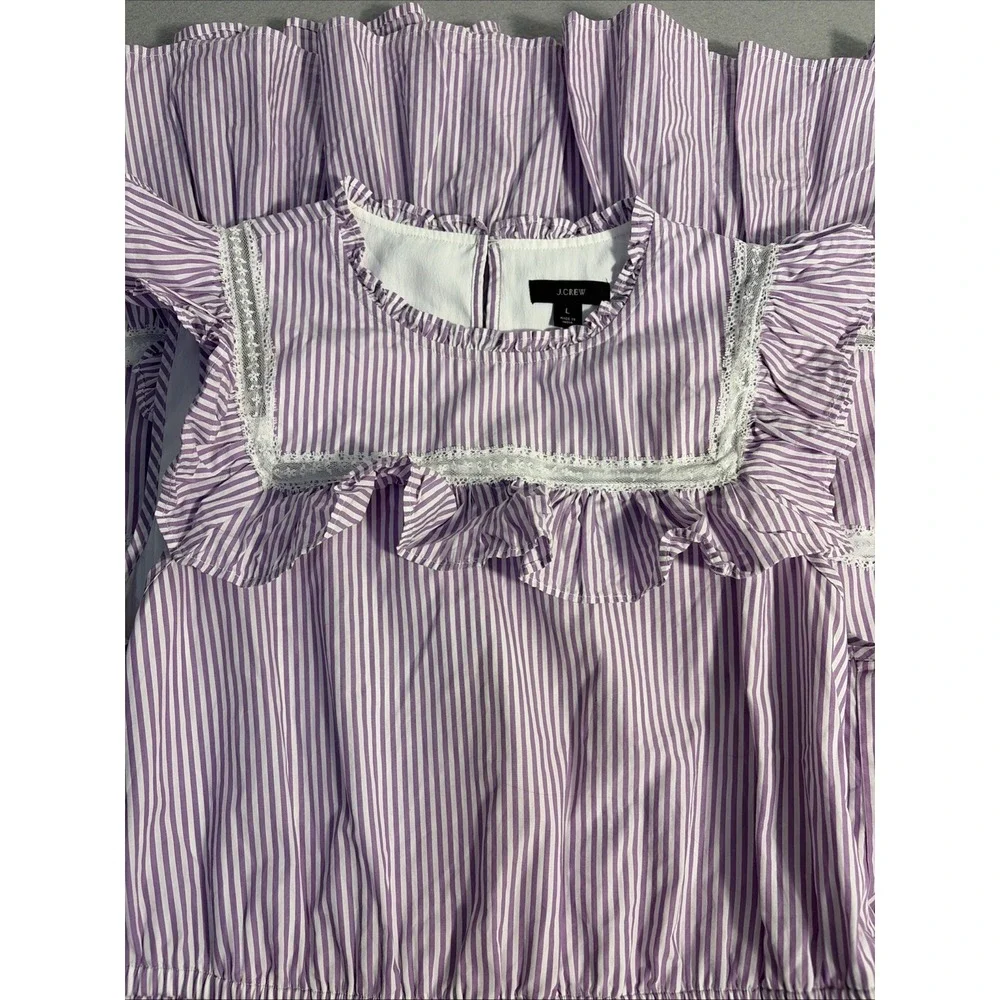 J. Crew Tiered Ruffle Dress Stripe Purple White  Lined Midi Women's Large